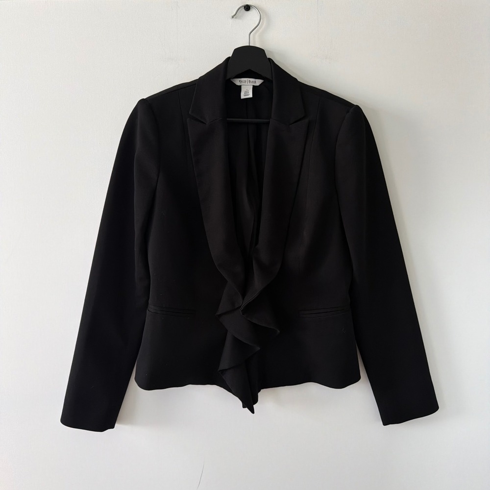 White House Black Market Black Ruffle Front Blazer Jacket Size 6 Open Front